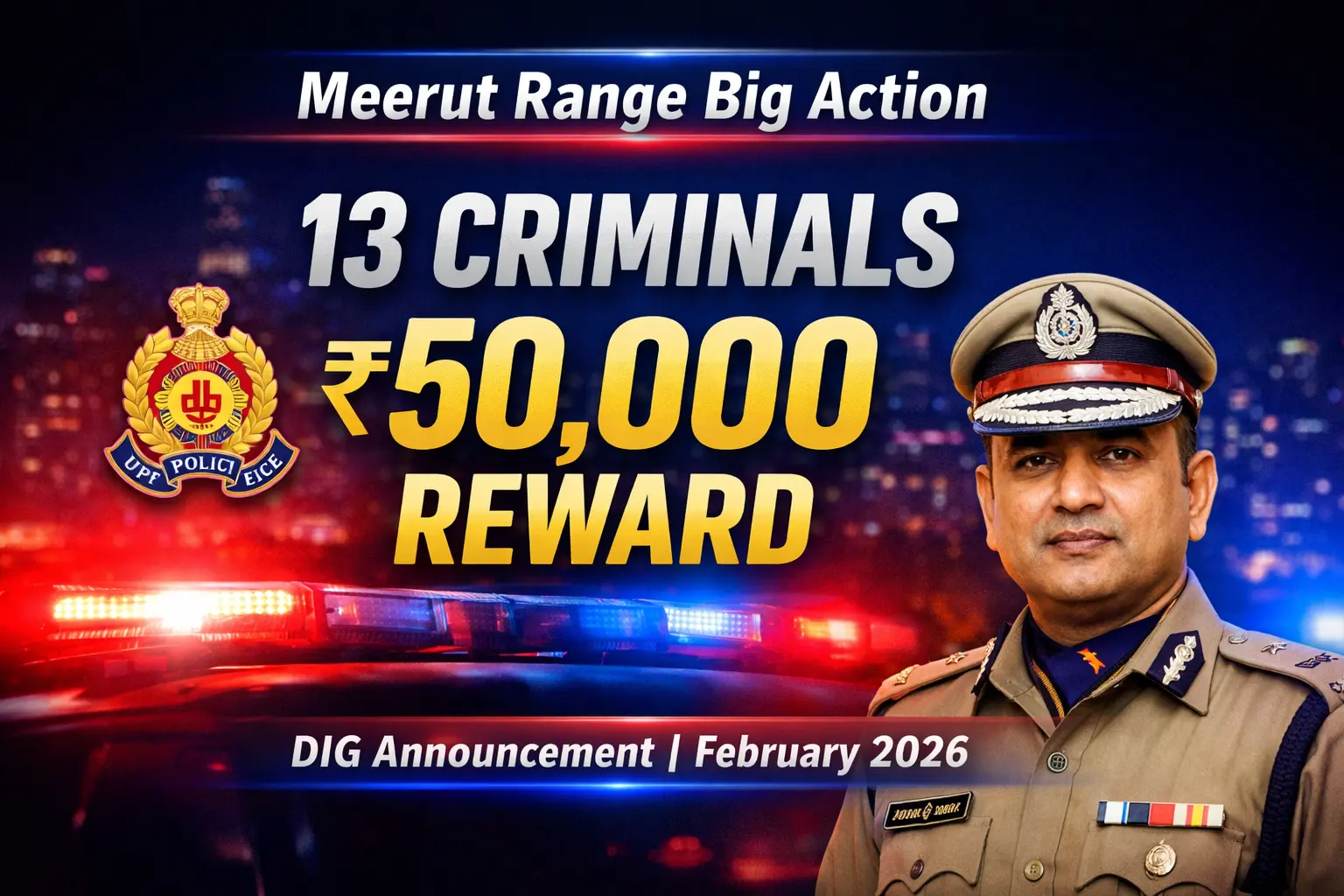 Meerut Range 13 Criminals Reward 50000 DIG Meerut Reward Announcement 2026 UP Police Reward List February 2026